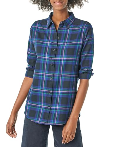 Amazon Essentials Damen Regular-Fit Leichtes Kariertes Langarm-Flanellhemd, Marineblau Schottenkaros Chelsea, S von Amazon Essentials