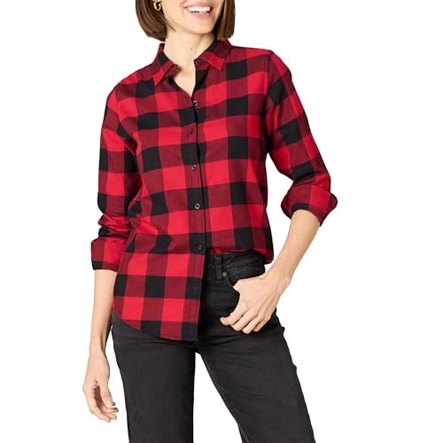 Amazon Essentials Damen Regular-Fit Leichtes Kariertes Langarm-Flanellhemd, Rot Buffalo Karos, M von Amazon Essentials