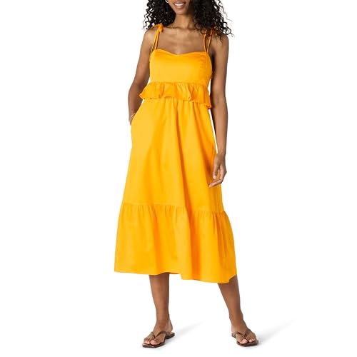 Amazon Essentials Damen Fit and Flare-Midi-Rüschenkleid aus Baumwollsatin mit Empire-Taille, Goldgelb, XL von Amazon Essentials