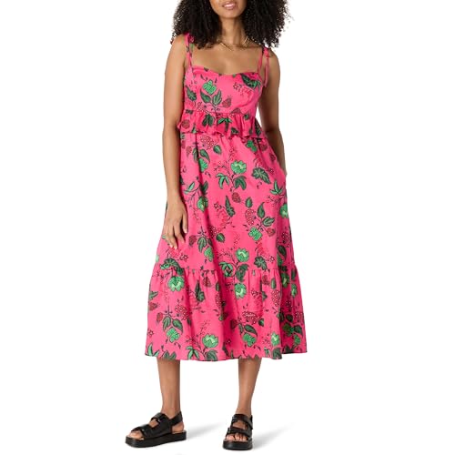 Amazon Essentials Damen Fit and Flare-Midi-Rüschenkleid aus Baumwollsatin mit Empire-Taille, Intensive Rosa Rot Leafy Floral, XXL von Amazon Essentials