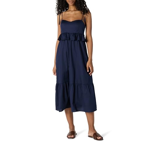 Amazon Essentials Damen Fit and Flare-Midi-Rüschenkleid aus Baumwollsatin mit Empire-Taille, Marineblau, XS von Amazon Essentials