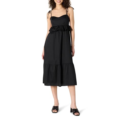 Amazon Essentials Damen Fit and Flare-Midi-Rüschenkleid aus Baumwollsatin mit Empire-Taille, Schwarz, M von Amazon Essentials