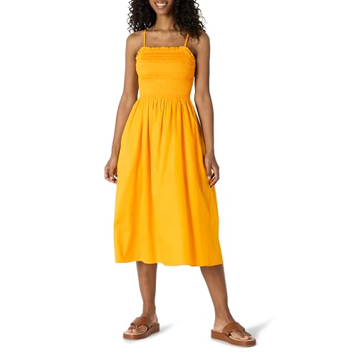 Amazon Essentials Damen Midikleid aus Baumwollsatin, Normale Passform, gesmoktes Mieder, Goldgelb, XX-Large von Amazon Essentials