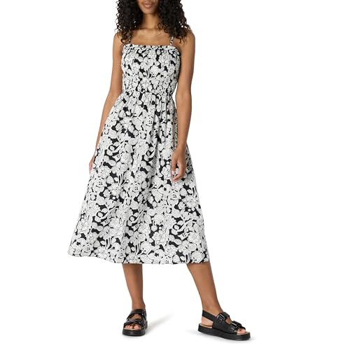 Amazon Essentials Damen Regular-Fit-Midikleid aus Baumwollsatin mit Gesmoktem Mieder, Schwarz Elfenbein Folk Floral, XXL von Amazon Essentials