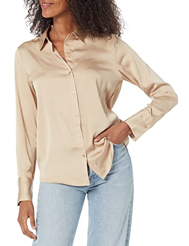 Amazon Essentials Damen Regular-Fit Satinbluse Knopfleiste (In Übergröße Erhältlich), Bräunen, XS von Amazon Essentials