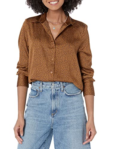 Amazon Essentials Damen Regular-Fit Satinbluse Knopfleiste (In Übergröße Erhältlich), Dunkles Kastanienbraun Leopardenmuster, M von Amazon Essentials