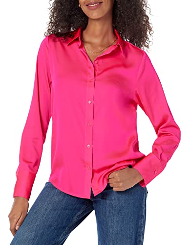 Amazon Essentials Damen Regular-Fit Satinbluse Knopfleiste (In Übergröße Erhältlich), Neonrosa, L von Amazon Essentials