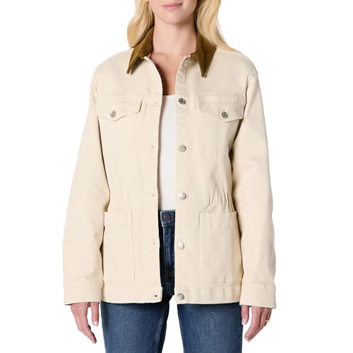 Amazon Essentials Damen Regular-Fit Sneaker-Jacke Denim Mit Geringem Stretchanteil Eng Anliegende Taille, Ecru, S von Amazon Essentials