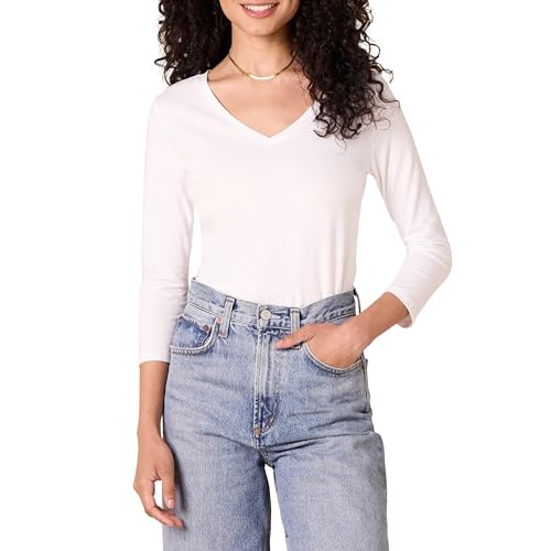 Amazon Essentials Damen Regular-Fit-T-Shirt 3/4-Ärmeln V-Ausschnitt (In Übergröße Erhältlich), Weiß, M von Amazon Essentials
