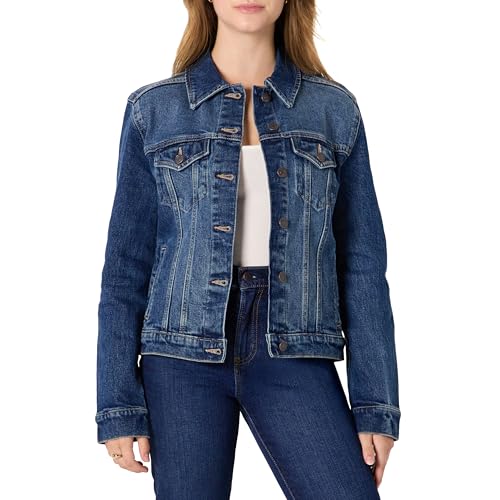 Amazon Essentials Damen Regular-Fit Trucker-Jacke Denim Mit Geringem Stretchanteil Knopfleiste Vorderseite, Stone Dunkle Waschung, L von Amazon Essentials