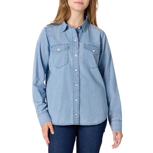 Amazon Essentials Damen Relaxed-Fit Langärmliges Hemd Denim-Chambray Knopfleiste, Helles Eisblau, XL von Amazon Essentials