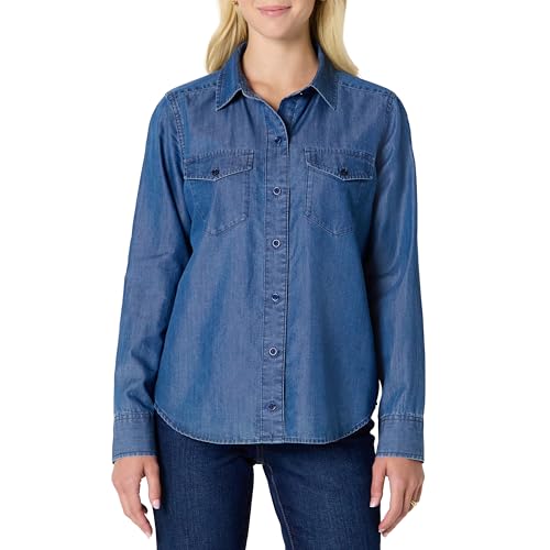 Amazon Essentials Damen Relaxed-Fit Langärmliges Hemd Denim-Chambray Knopfleiste, Klassische Mittlere Waschung, XS von Amazon Essentials