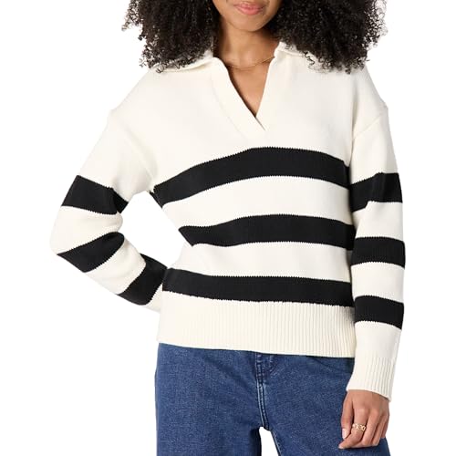 Amazon Essentials Damen Relaxed-Fit-Pullover aus Schwerer Baumwolle mit Polokragen, Eierschalenweiß Schwarz Big Stripe, L von Amazon Essentials