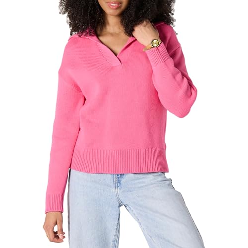 Amazon Essentials Damen Relaxed-Fit-Pullover aus Schwerer Baumwolle mit Polokragen, Intensive Rosa, M von Amazon Essentials