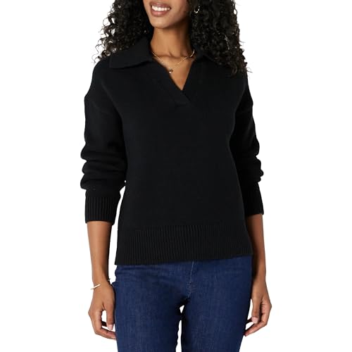 Amazon Essentials Damen Relaxed-Fit-Pullover aus Schwerer Baumwolle mit Polokragen, Schwarz, S von Amazon Essentials
