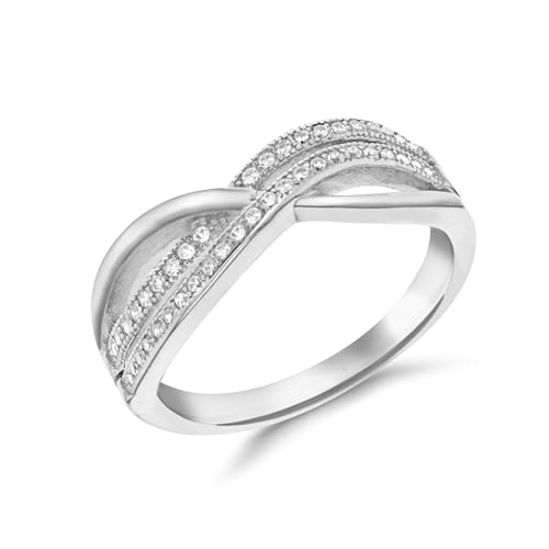 Amazon Essentials Damen-Ring aus rhodiniertem Sterlingsilber mit Zirkonia, doppelt überkreuzt, Größe 56 von Amazon Essentials