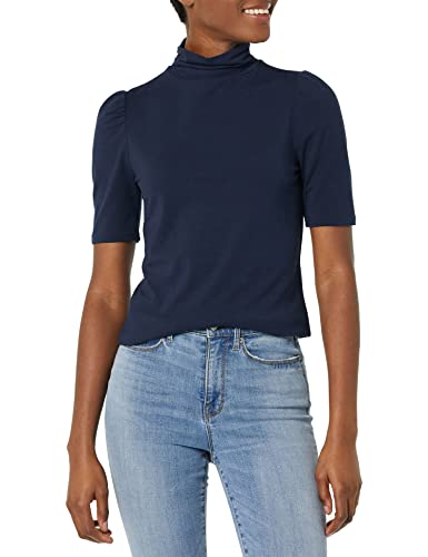 Amazon Essentials Damen Rollkragenshirt Mit Drapierten Puffärmeln Aus Baumwollmodal, Marineblau, XS von Amazon Essentials