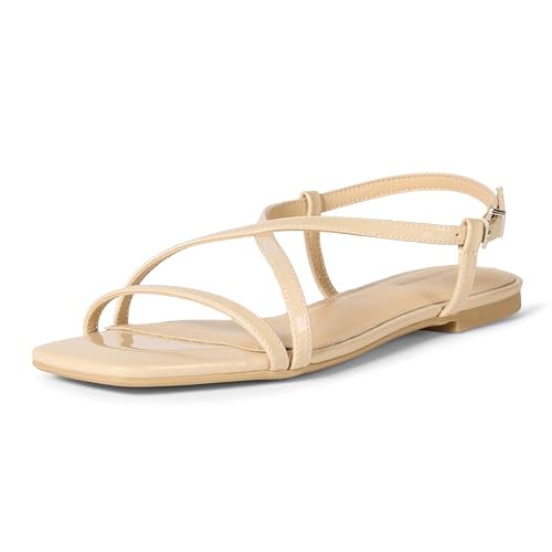 Amazon Essentials Damen Sandalen mit flachem Riemen, Beigefarbenes Lack, 39 EU von Amazon Essentials