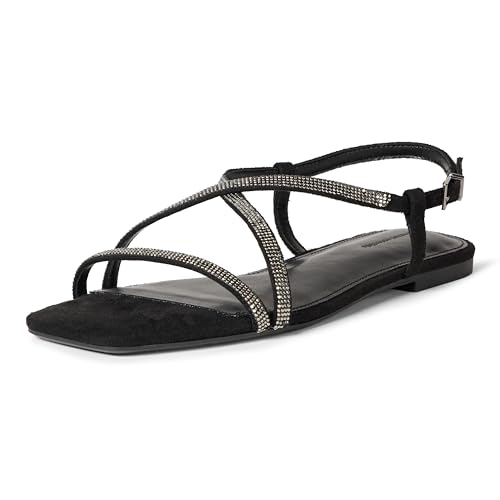 Amazon Essentials Damen Sandalen mit flachem Riemen, Schwarze Kristalle, 35.5 EU von Amazon Essentials