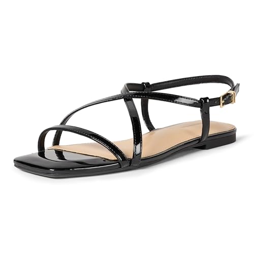 Amazon Essentials Damen Sandalen mit flachem Riemen, Schwarzes Lack, 41 EU von Amazon Essentials