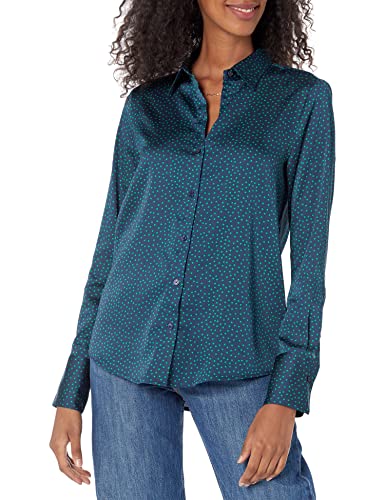 Amazon Essentials Damen Regular-Fit Satinbluse Knopfleiste (In Übergröße Erhältlich), Dunkles Marineblau Diamant, XS von Amazon Essentials