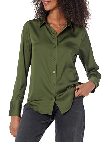 Amazon Essentials Damen Regular-Fit Satinbluse Knopfleiste (In Übergröße Erhältlich), Dunkles Olivgrün, XL Große Größen von Amazon Essentials