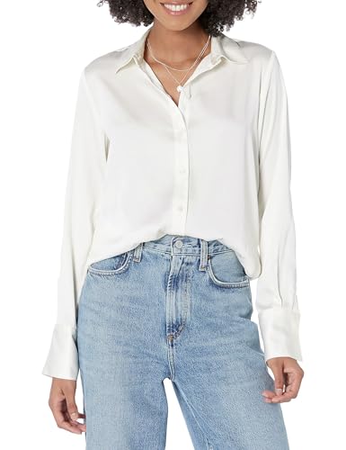 Amazon Essentials Damen Regular-Fit Satinbluse Knopfleiste (In Übergröße Erhältlich), Eierschale, M von Amazon Essentials