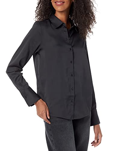 Amazon Essentials Damen Satin-Bluse mit Knopfleiste in klassischer Passform (in Übergröße erhältlich), Schwarz, L von Amazon Essentials