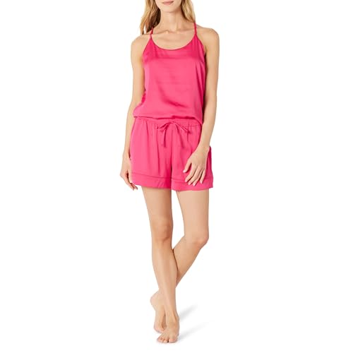 Amazon Essentials Damen Satin-Pyjamaset Mit Camisole Und Shorts, Intensive Rosa, L von Amazon Essentials