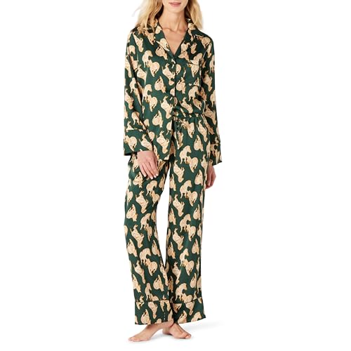 Amazon Essentials Damen Satin-Pyjamaset Mit Hemd Und Hose, Dunkelgrün Beige Zebra, S von Amazon Essentials