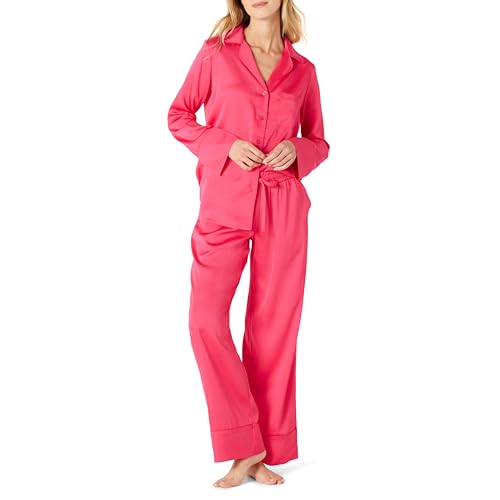 Amazon Essentials Damen Satin-Pyjamaset Mit Hemd Und Hose, Intensive Rosa, L von Amazon Essentials