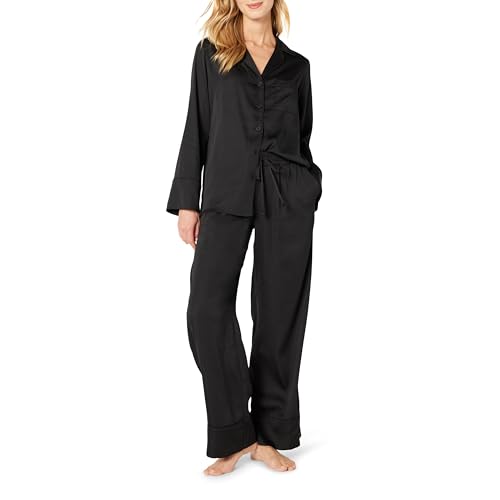 Amazon Essentials Damen Satin-Pyjamaset Mit Hemd Und Hose, Schwarz, XL von Amazon Essentials