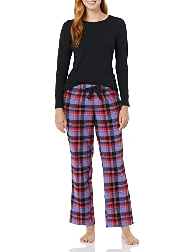 Amazon Essentials Damen Schlaf-Set leichte Flanellhose und langärmeliges-T-Shirt, Blau Gemischter Schottenkaros/Schwarz, L von Amazon Essentials