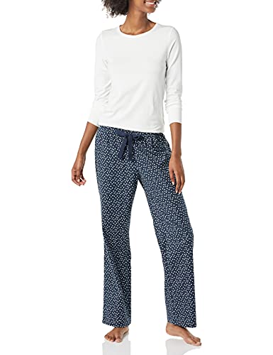 Amazon Essentials Damen Schlaf-Set leichte Flanellhose und langärmeliges-T-Shirt, Marineblau Punkte, M von Amazon Essentials