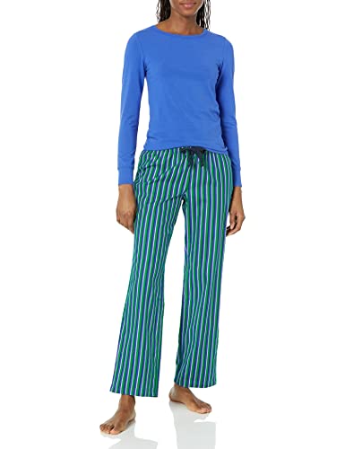 Amazon Essentials Damen Langärmeliges Strickoberteil und leichte Flanell-Pyjamahose - Auslauffarben, Blau Grün Streifen, XL Große Größen von Amazon Essentials