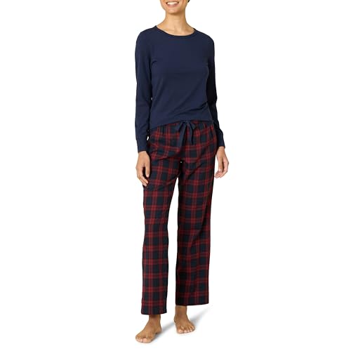 Amazon Essentials Damen Schlaf-Set leichte Flanellhose und langärmeliges-T-Shirt, Burgunderrot Karo/Marineblau, XXL von Amazon Essentials