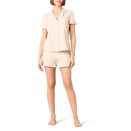 Amazon Essentials Damen Pyjama-Set Aus Baumwollmodal Mit Paspelierung Und Gekerbtem Kragen, Bequeme Loungewear (In Übergröße Erhältlich), Beige, L von Amazon Essentials