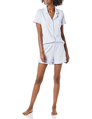 Amazon Essentials Damen Pyjama-Set Aus Baumwollmodal Mit Paspelierung Und Gekerbtem Kragen, Bequeme Loungewear (In Übergröße Erhältlich), Blassblau, L von Amazon Essentials