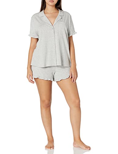 Amazon Essentials Damen Pyjama-Set Aus Baumwollmodal Mit Paspelierung Und Gekerbtem Kragen, Bequeme Loungewear (In Übergröße Erhältlich), Grau Meliert, L von Amazon Essentials