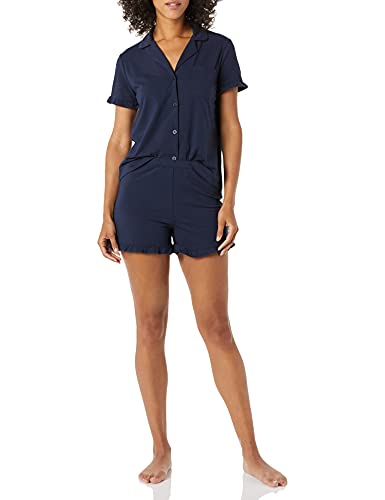 Amazon Essentials Damen Pyjama-Set Aus Baumwollmodal Mit Paspelierung Und Gekerbtem Kragen, Bequeme Loungewear (In Übergröße Erhältlich), Marineblau, L von Amazon Essentials