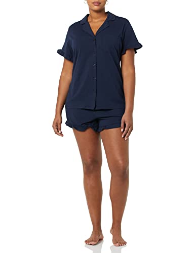 Amazon Essentials Damen Schlafanzug-Set aus Baumwoll-Modal mit Paspelierung (in Übergröße erhältlich), Marineblau, XL von Amazon Essentials