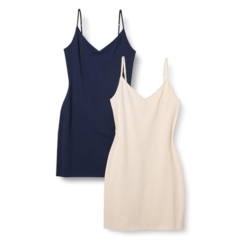 Amazon Essentials Damen Schmal Geschnittenes Schlupfkleid Aus Baumwolle Mit Lagen, 2er-Pack, Beige/Marineblau, XXL von Amazon Essentials