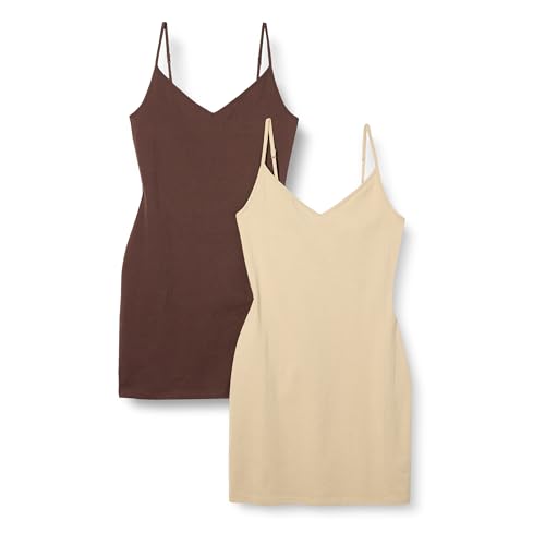 Amazon Essentials Damen Schmal Geschnittenes Schlupfkleid Aus Baumwolle Mit Lagen, 2er-Pack, Braun/Helles Kamelbraun, M von Amazon Essentials