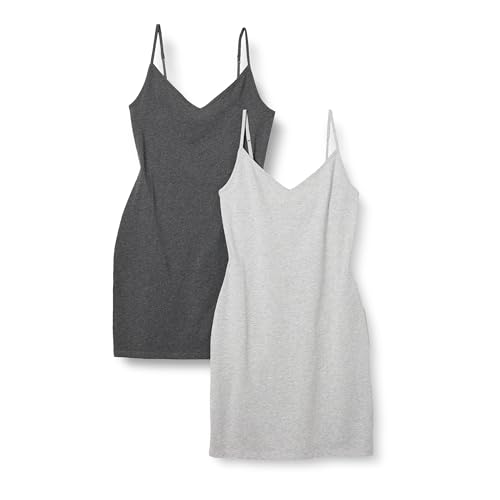Amazon Essentials Damen Schmal Geschnittenes Schlupfkleid Aus Baumwolle Mit Lagen, 2er-Pack, Dunkelgrau Grau/Hellgrau Meliert, M von Amazon Essentials