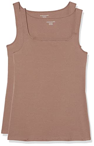 Amazon Essentials Damen Schmal Geschnittenes Tanktop Mit Quadratischem Ausschnitt, 2er-Pack, Dunkelbeige, M von Amazon Essentials