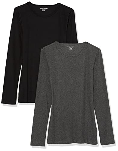 Amazon Essentials Damen Schmal geschnittenes Oberteil mit Langen Ärmeln und Rundhalsausschnitt aus Rippstrick (in Übergröße erhältlich), 2er-Pack, Dunkelgrau Meliert/Schwarz, S von Amazon Essentials
