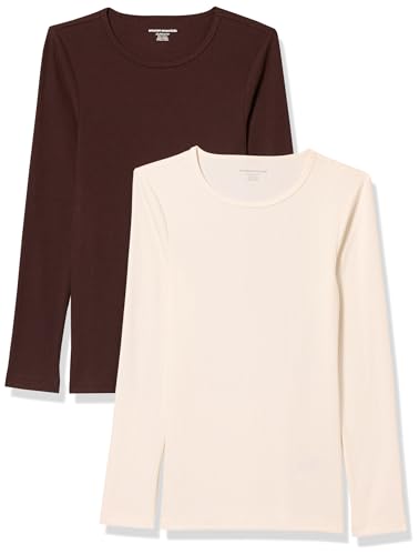 Amazon Essentials Damen Schmal geschnittenes Oberteil mit Langen Ärmeln und Rundhalsausschnitt aus Rippstrick (in Übergröße erhältlich), 2er-Pack, Eierschalenweiß/Espresso, L von Amazon Essentials