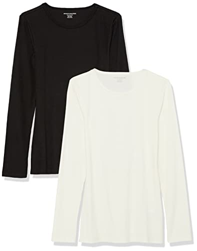 Amazon Essentials Damen Schmal geschnittenes Oberteil mit Langen Ärmeln und Rundhalsausschnitt aus Rippstrick (in Übergröße erhältlich), 2er-Pack, Gebrochenes Weiß/Schwarz, M von Amazon Essentials