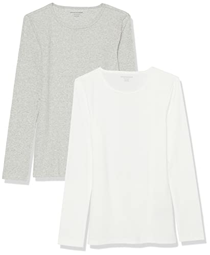 Amazon Essentials Damen Schmal geschnittenes Oberteil mit Langen Ärmeln und Rundhalsausschnitt aus Rippstrick (in Übergröße erhältlich), 2er-Pack, Grau Meliert/Weiß, XL von Amazon Essentials