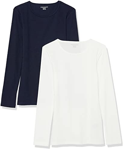 Amazon Essentials Damen Schmal geschnittenes Oberteil mit Langen Ärmeln und Rundhalsausschnitt aus Rippstrick (in Übergröße erhältlich), 2er-Pack, Marineblau/Weiß, M von Amazon Essentials